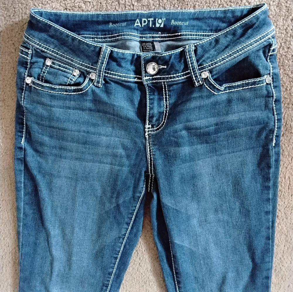 Apt. 9 Women's Bootcut Flare Bling Rhinestone Embellished Jeans Size 6 Blue Wash